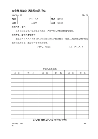 安全教育培训记录及效果评价