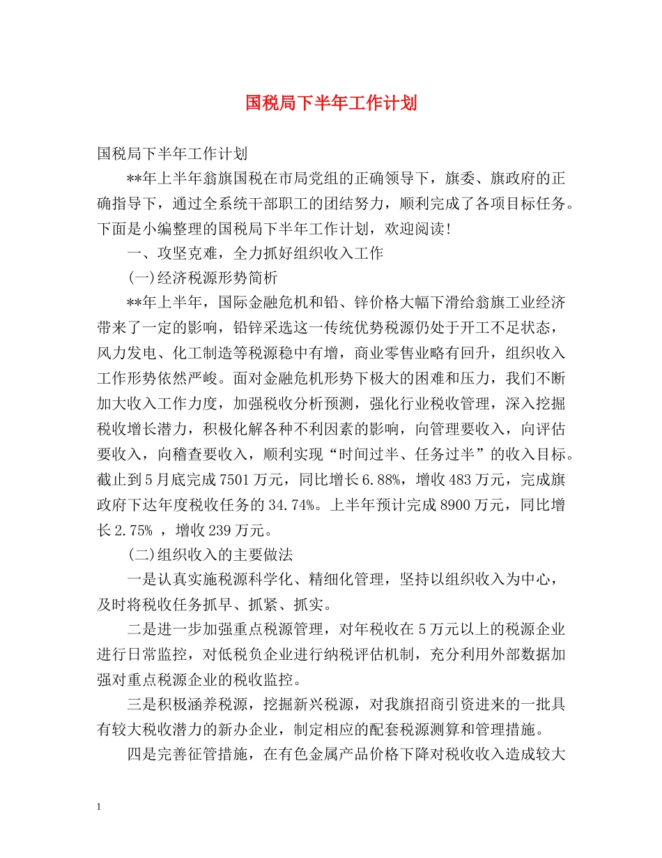 国税局下半年工作计划 _第1页