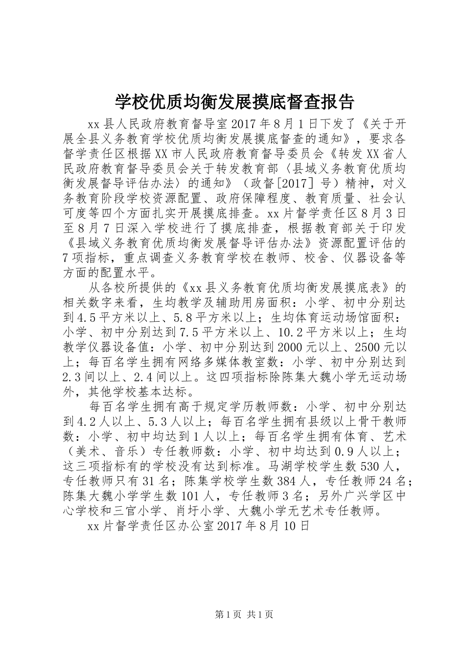 学校优质均衡发展摸底督查报告_第1页