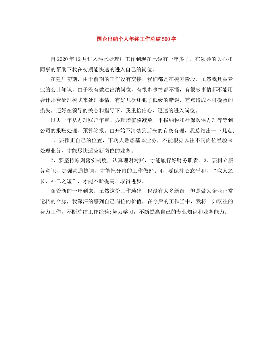 国企出纳个人年终工作总结500字 _第1页