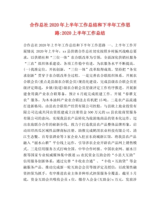 合作总社2020年上半年工作总结和下半年工作思路-2020上半年工作总结 