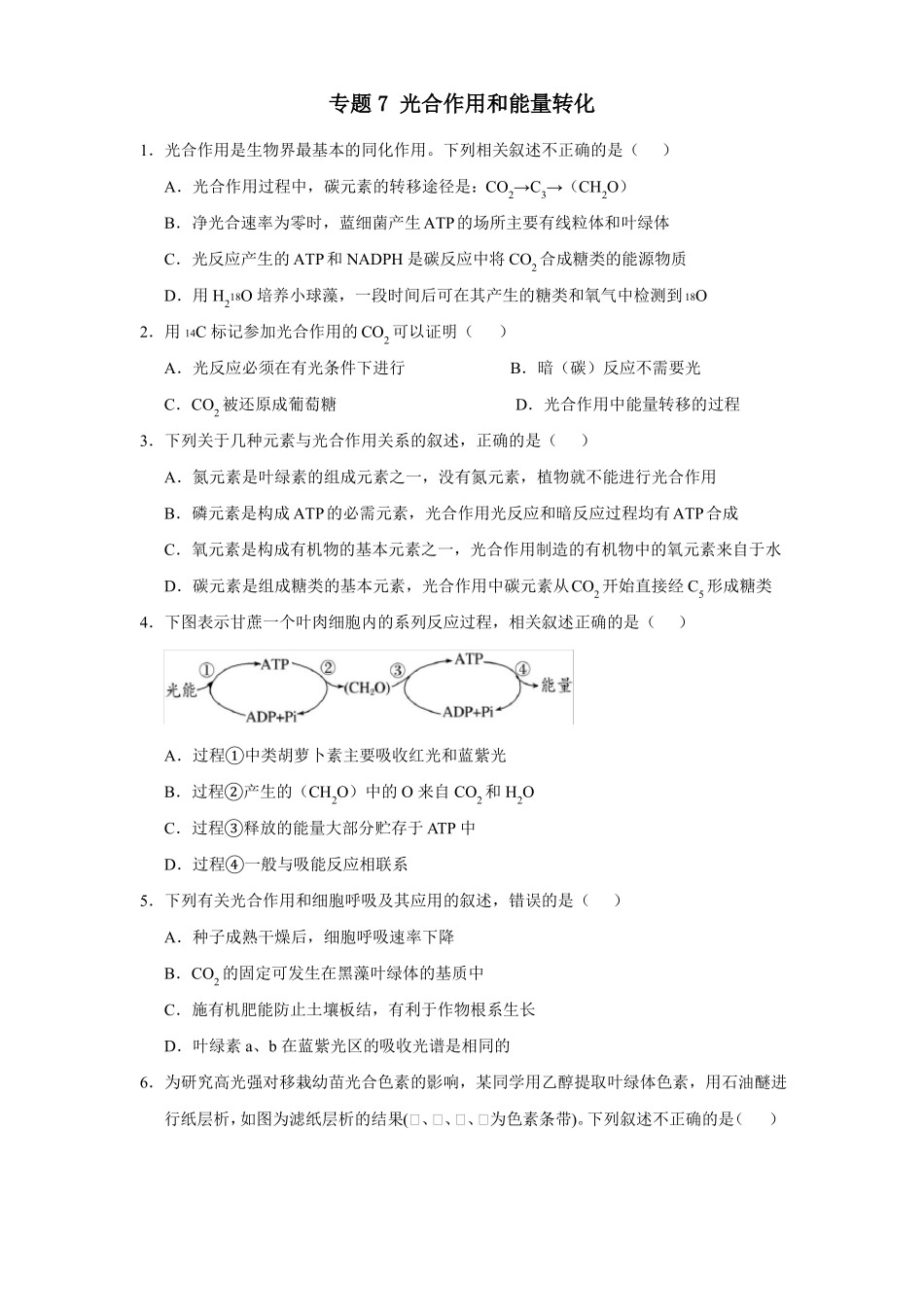 高三生物寒假能量包——专题练习7光合作用和能量转化含答案_第1页