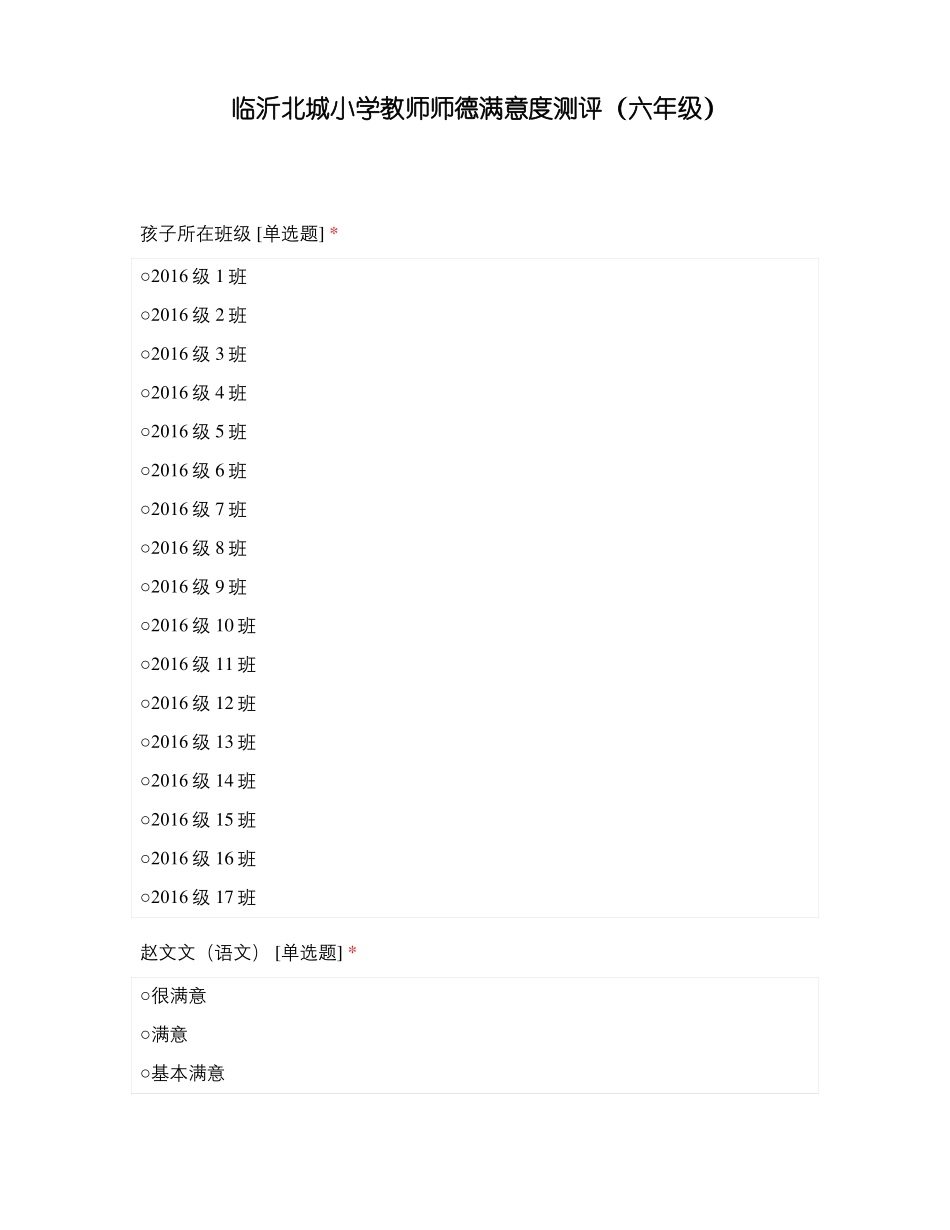临沂北城小学教师师德满意度测评六年级_第1页