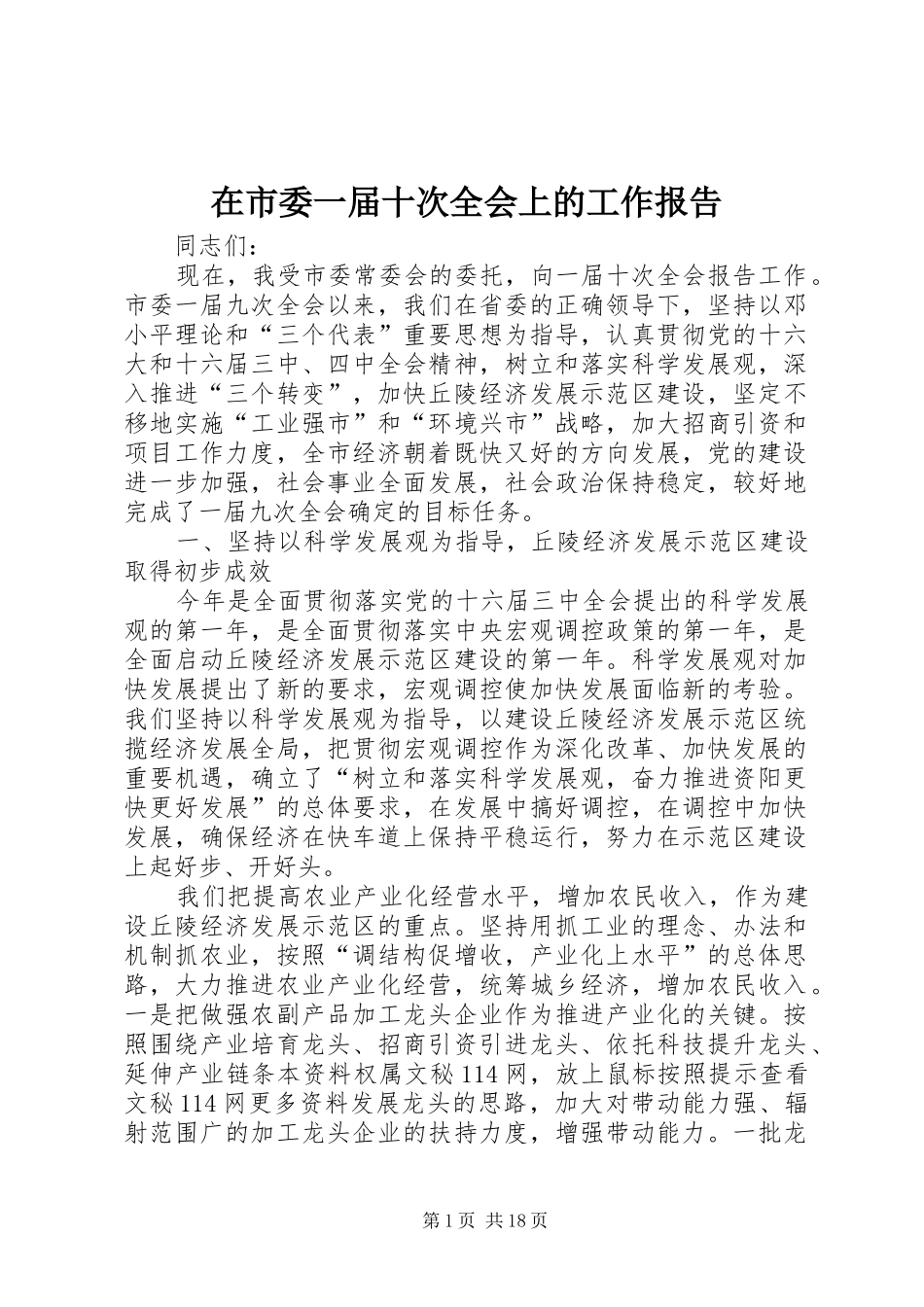 在市委一届十次全会上的工作报告_第1页