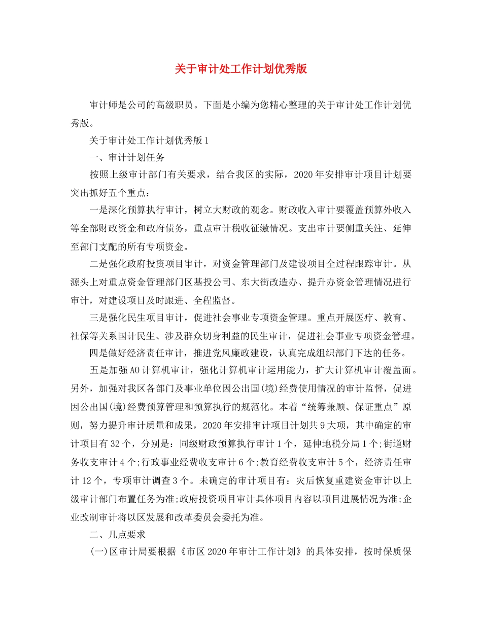 关于审计处工作计划优秀版 _第1页