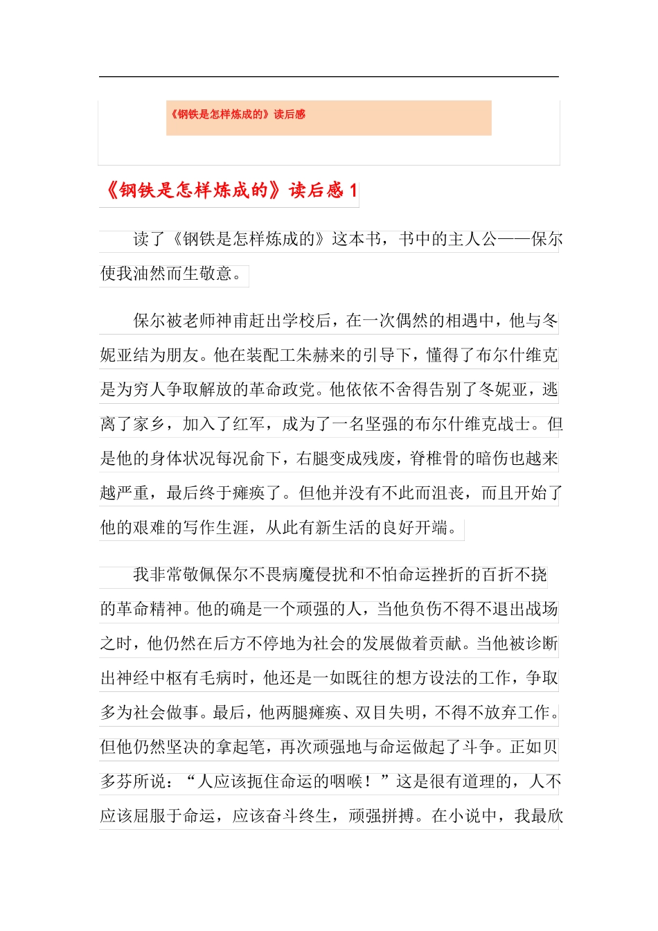 钢铁是怎样炼成的读后感模板_第1页