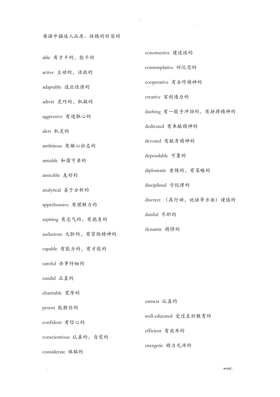 英语中描述人品质性格的形容词大全_第1页