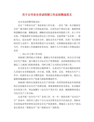 关于公司安全员试用期工作总结精选范文 