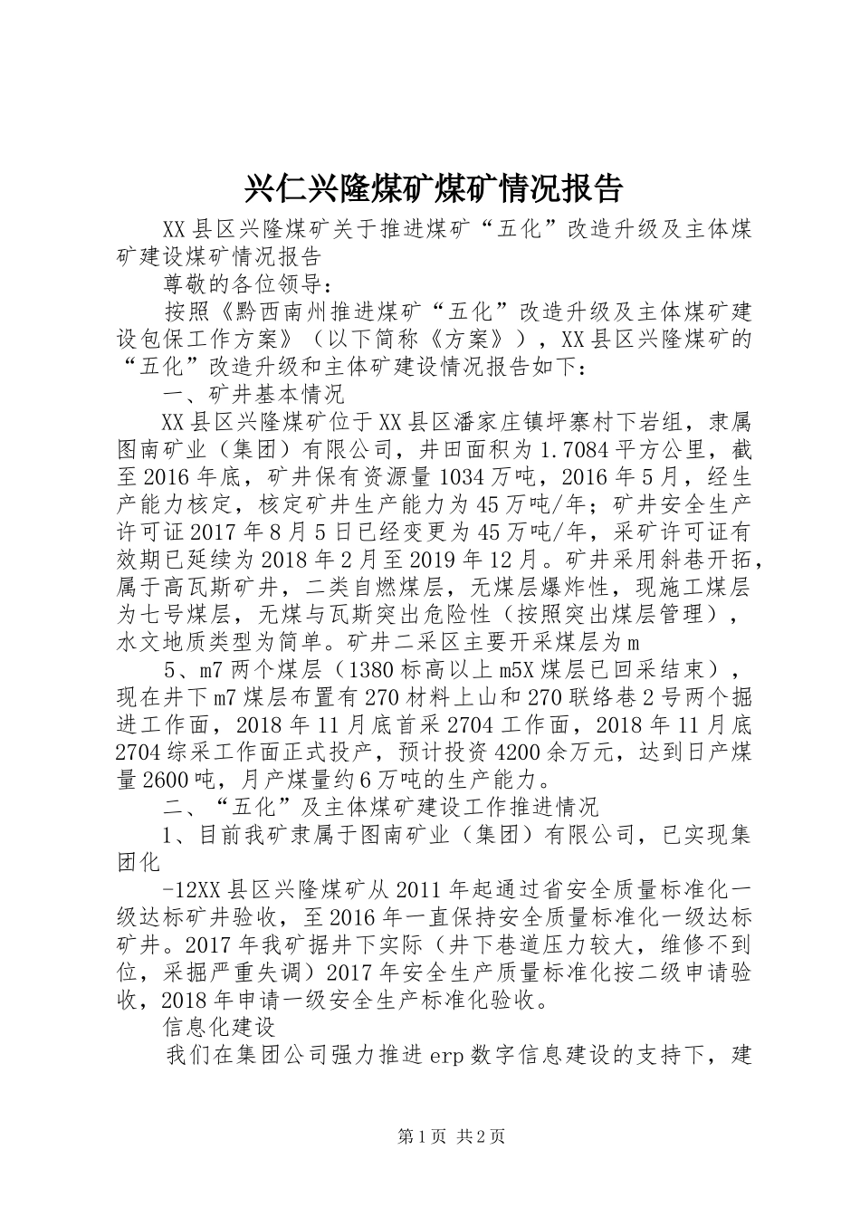 兴仁兴隆煤矿煤矿情况报告_第1页