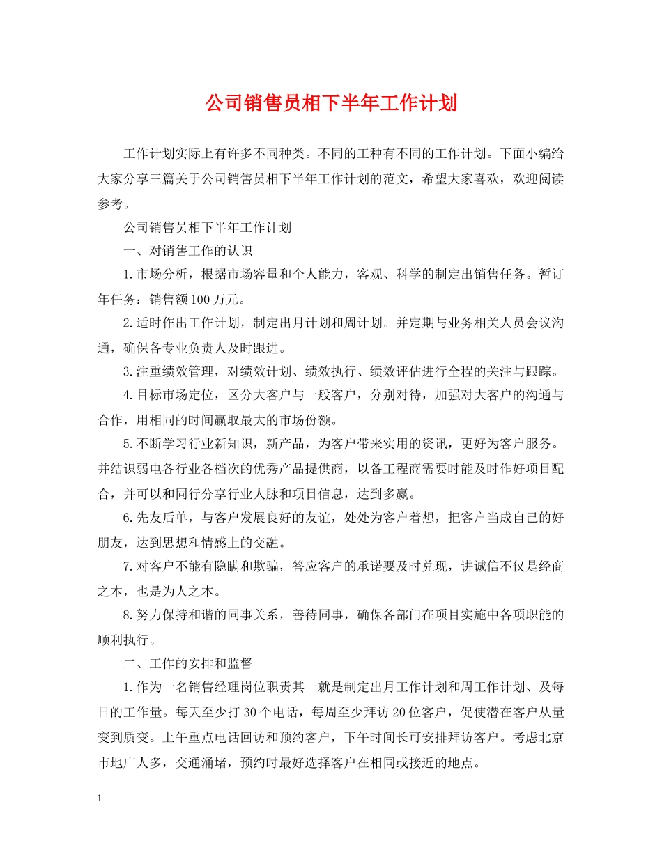 公司销售员相下半年工作计划 _第1页