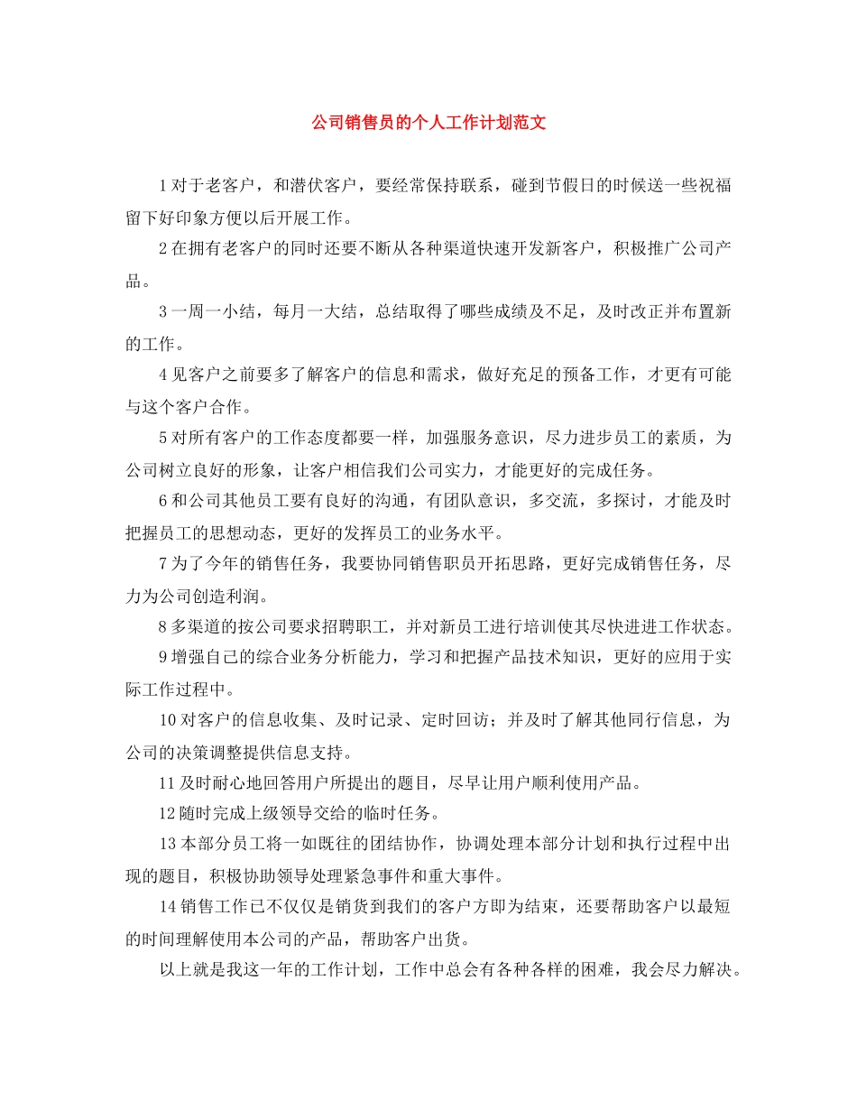 公司销售员的个人工作计划范文 _第1页