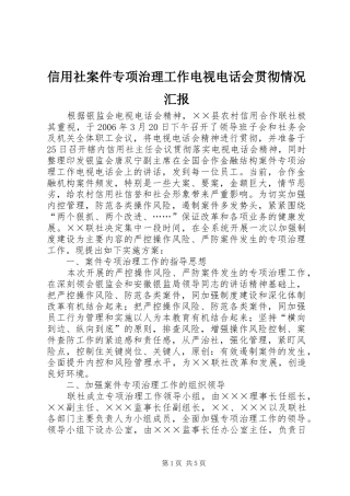 信用社案件专项治理工作电视电话会贯彻情况汇报