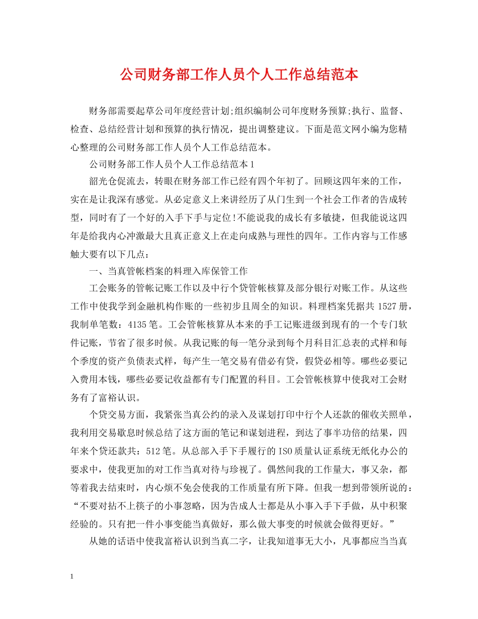 公司财务部工作人员个人工作总结范本 _第1页