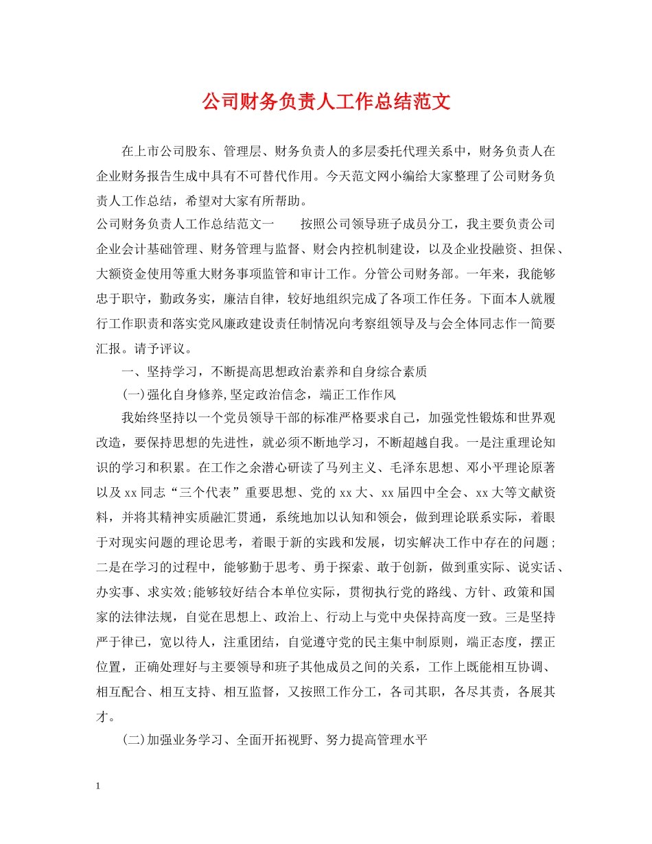 公司财务负责人工作总结范文 _第1页