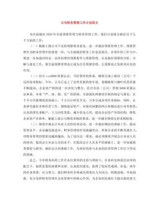公司财务管理工作计划范文 