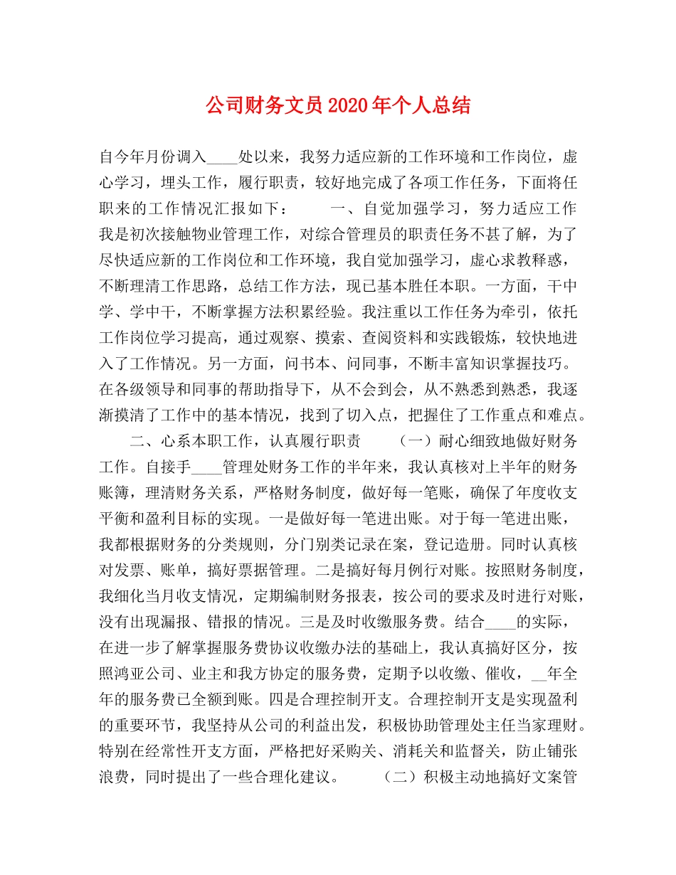 公司财务文员2020年个人总结 _第1页