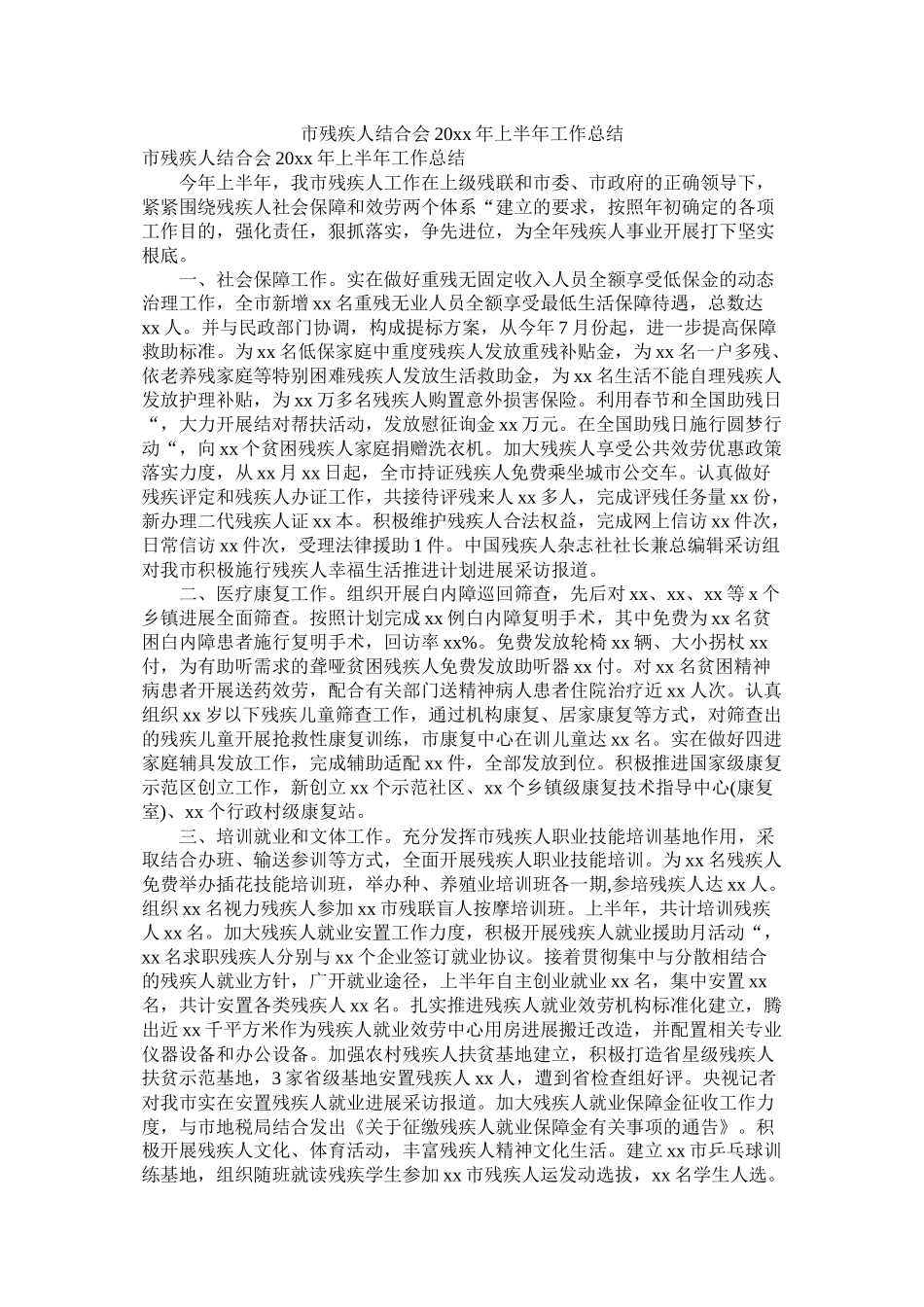 市残疾人联合会20年上半年工作总结_第1页