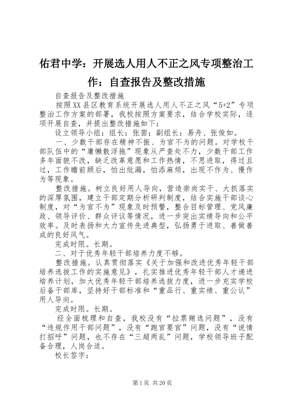 佑君中学：开展选人用人不正之风专项整治工作：自查报告及整改措施_第1页