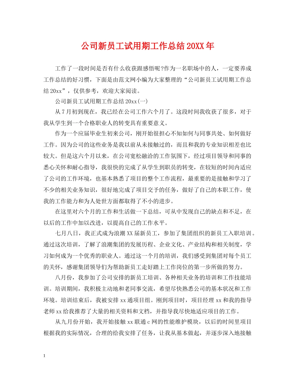 公司新员工试用期工作总结20XX年 _第1页