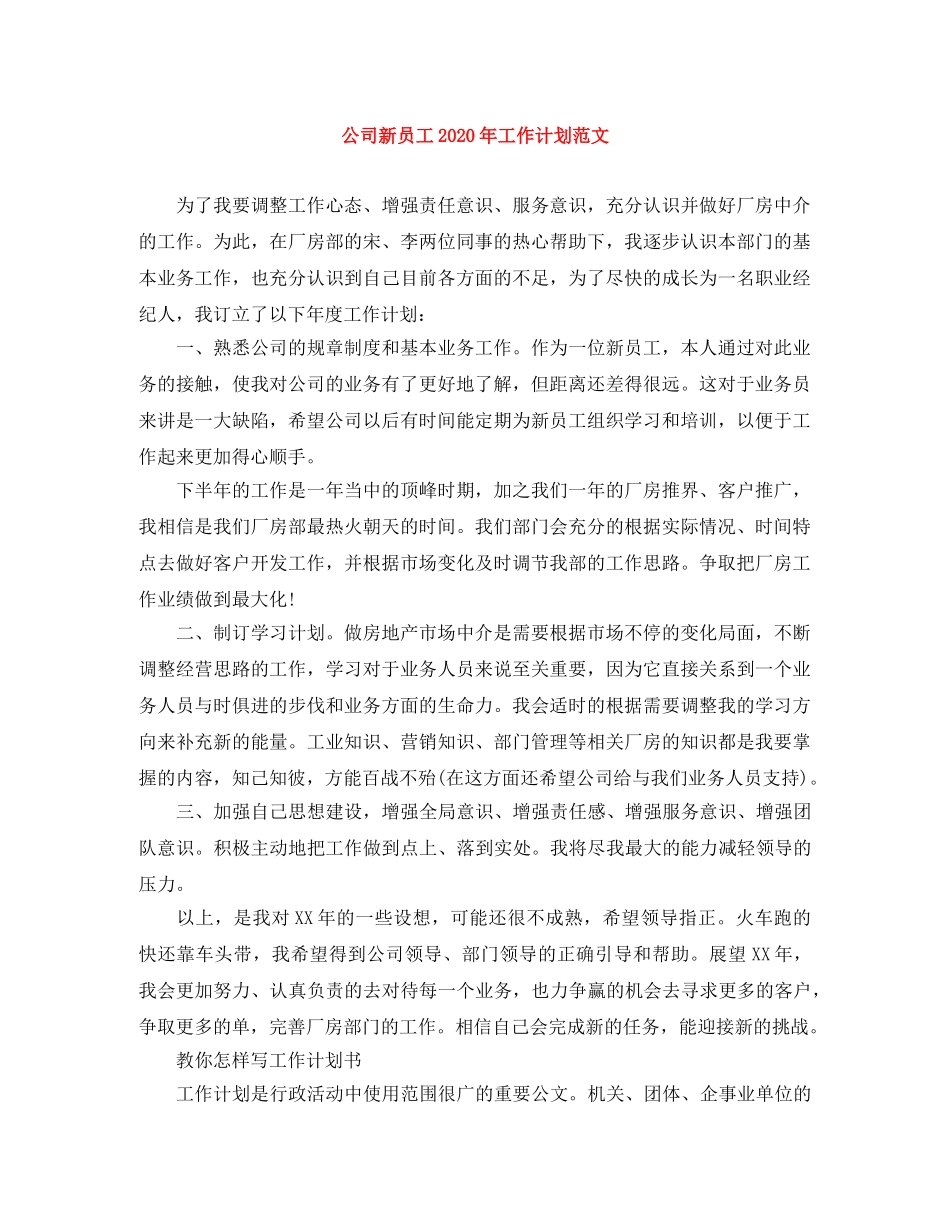 公司新员工2020年工作计划范文 _第1页