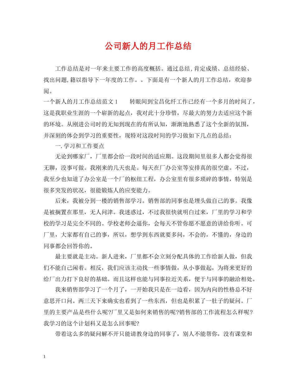 公司新人的月工作总结 _第1页