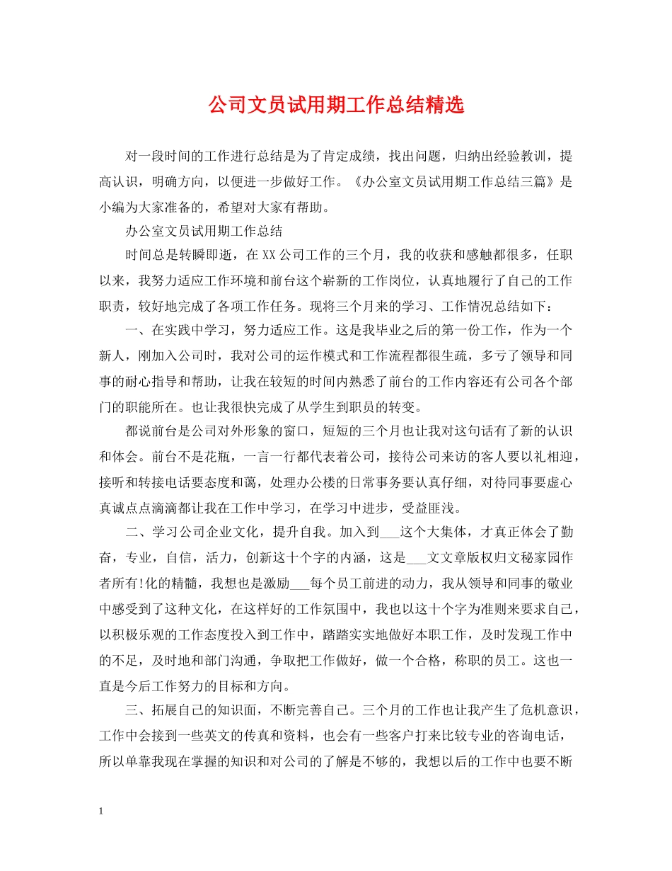 公司文员试用期工作总结精选 _第1页