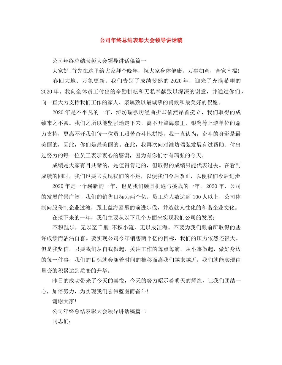 公司年终总结表彰大会领导讲话稿 _第1页