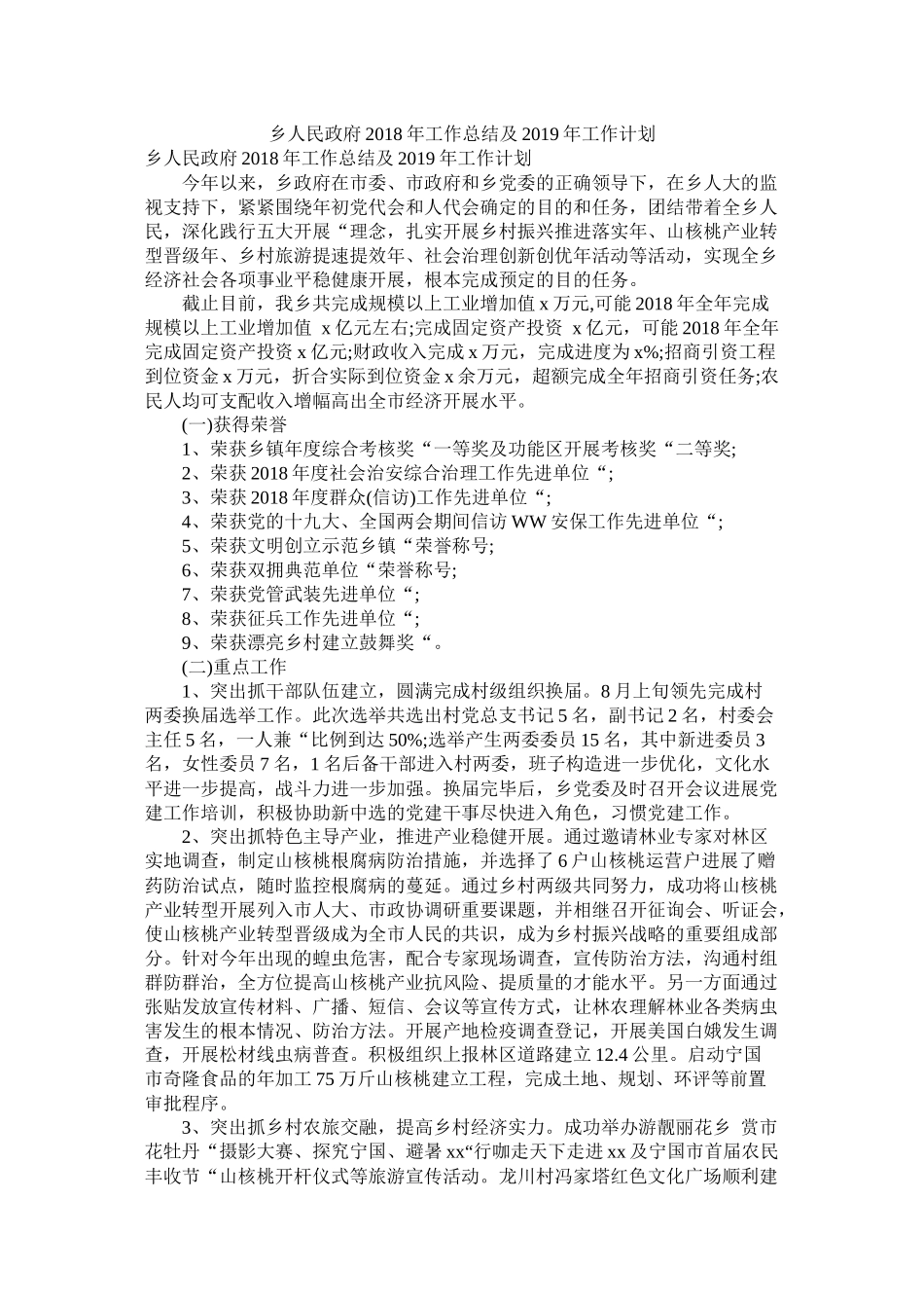 乡人民政府年工作总结及年工作计划_第1页