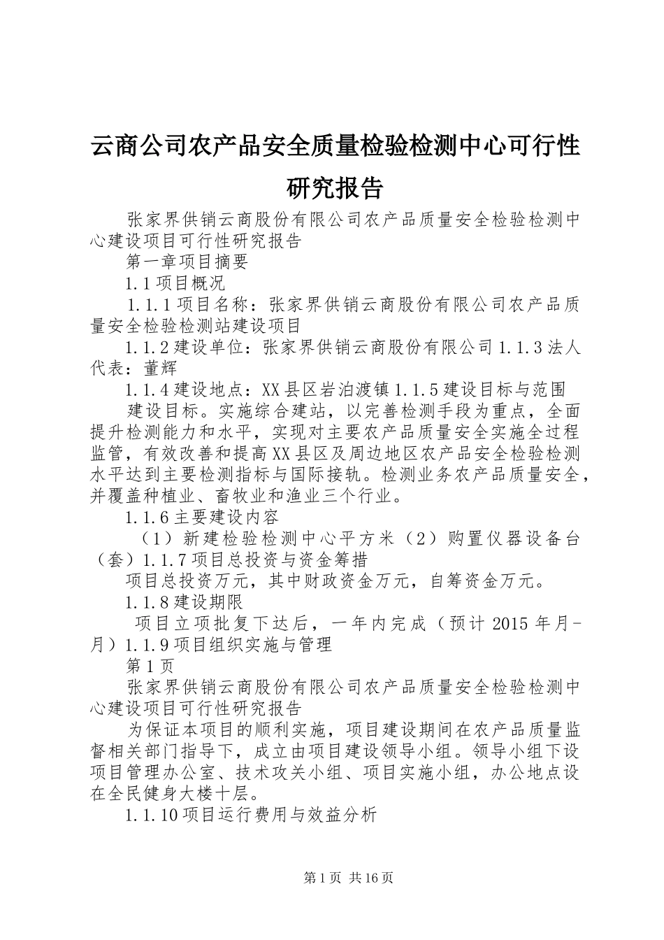云商公司农产品安全质量检验检测中心可行性研究报告_第1页