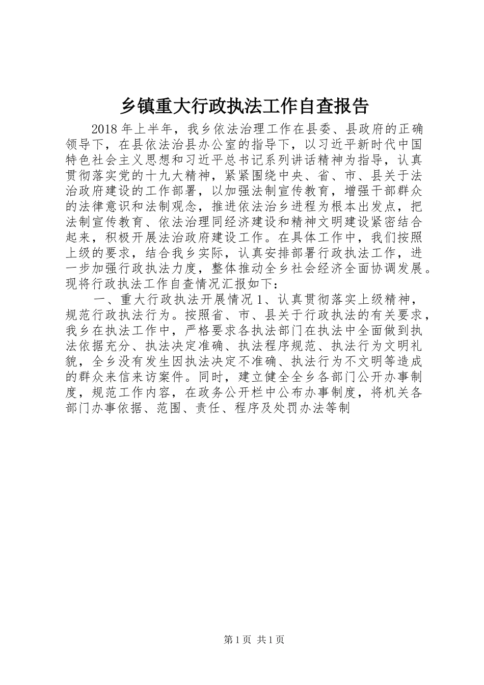 乡镇重大行政执法工作自查报告_第1页