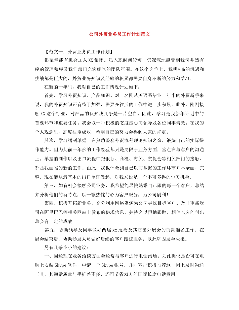 公司外贸业务员工作计划范文 _第1页