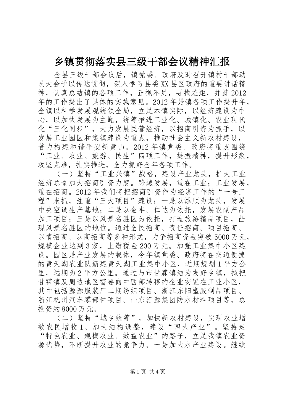 乡镇贯彻落实县三级干部会议精神汇报_第1页