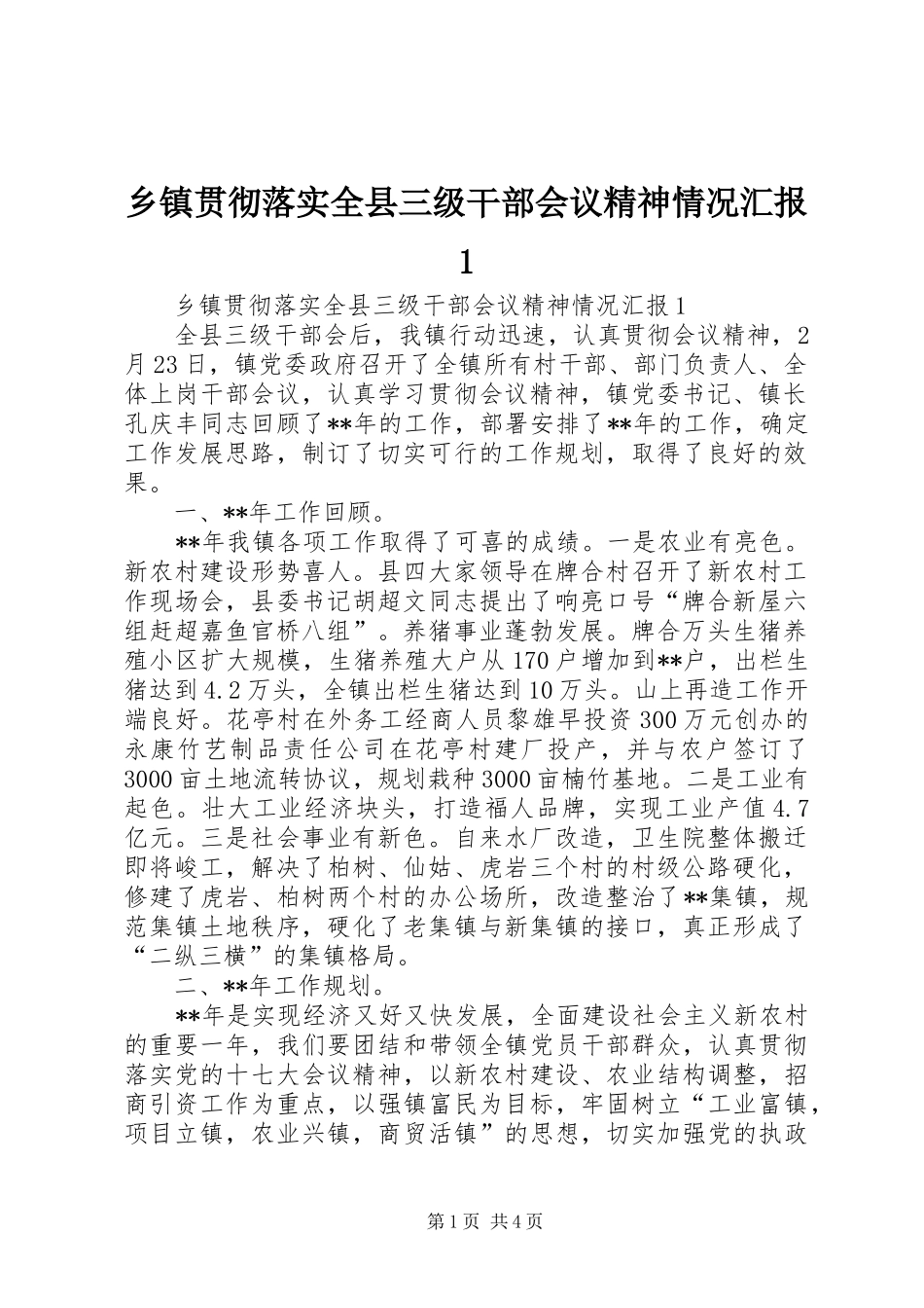 乡镇贯彻落实全县三级干部会议精神情况汇报1_第1页