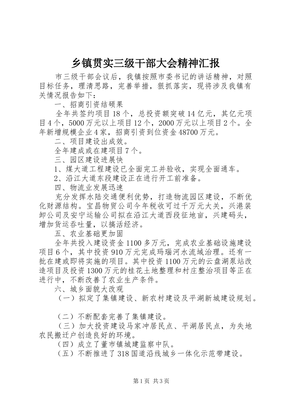 乡镇贯实三级干部大会精神汇报_第1页