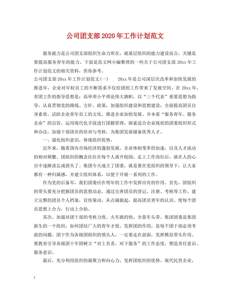 公司团支部2020年工作计划范文 _第1页