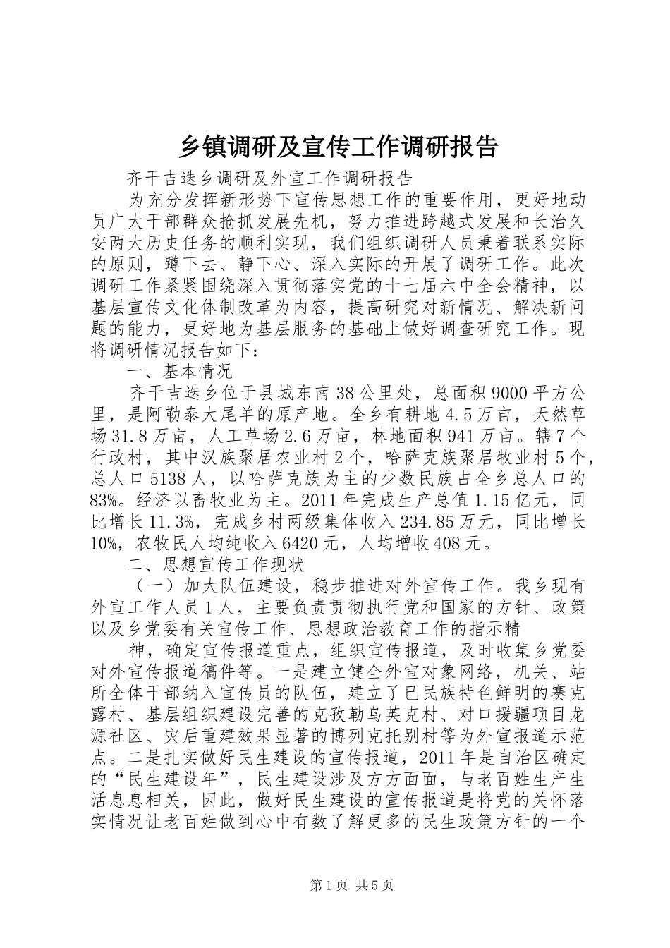 乡镇调研及宣传工作调研报告_第1页