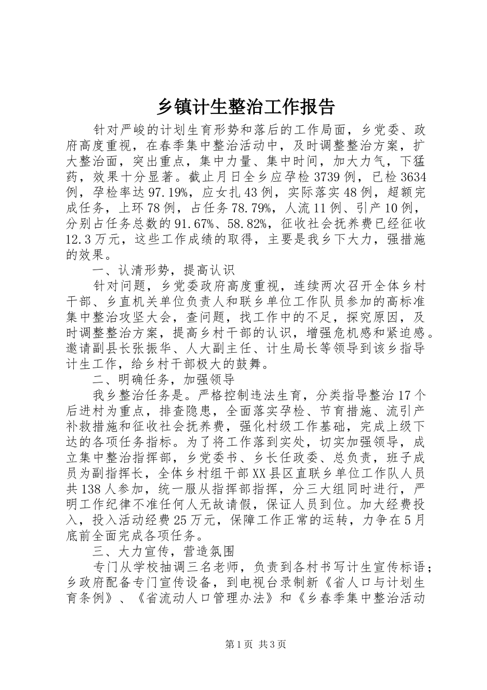乡镇计生整治工作报告_第1页