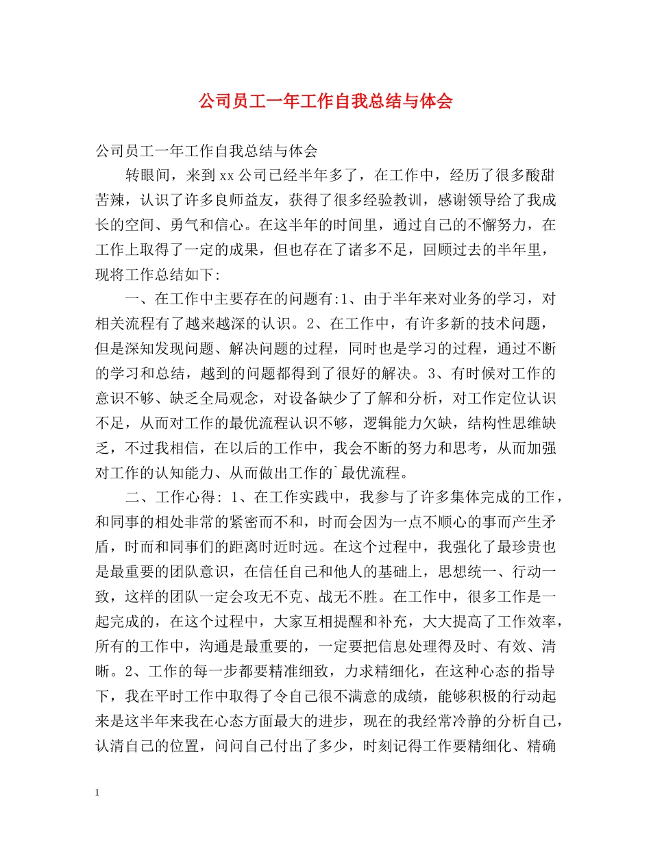 公司员工一年工作自我总结与体会 _第1页
