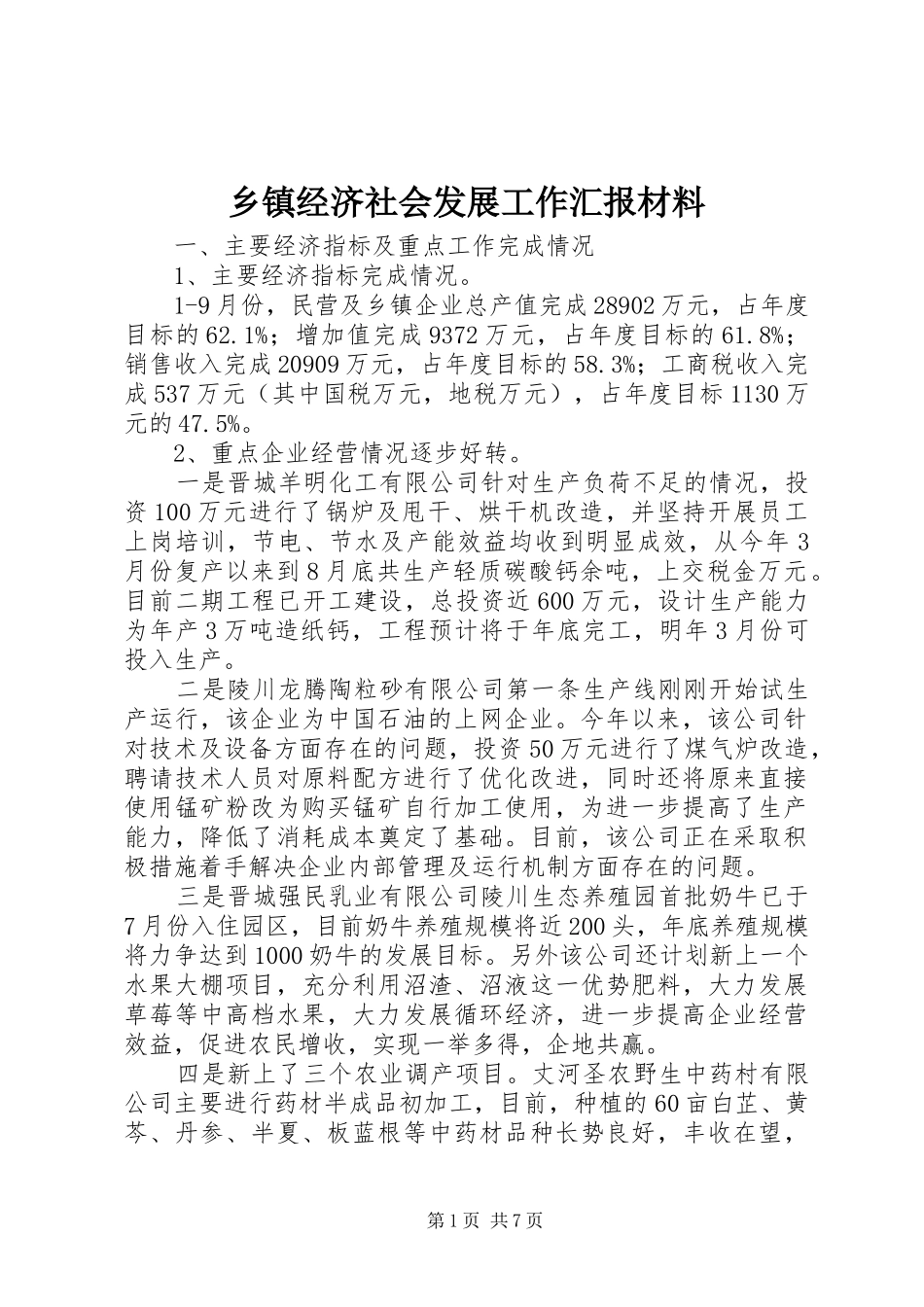 乡镇经济社会发展工作汇报材料_第1页