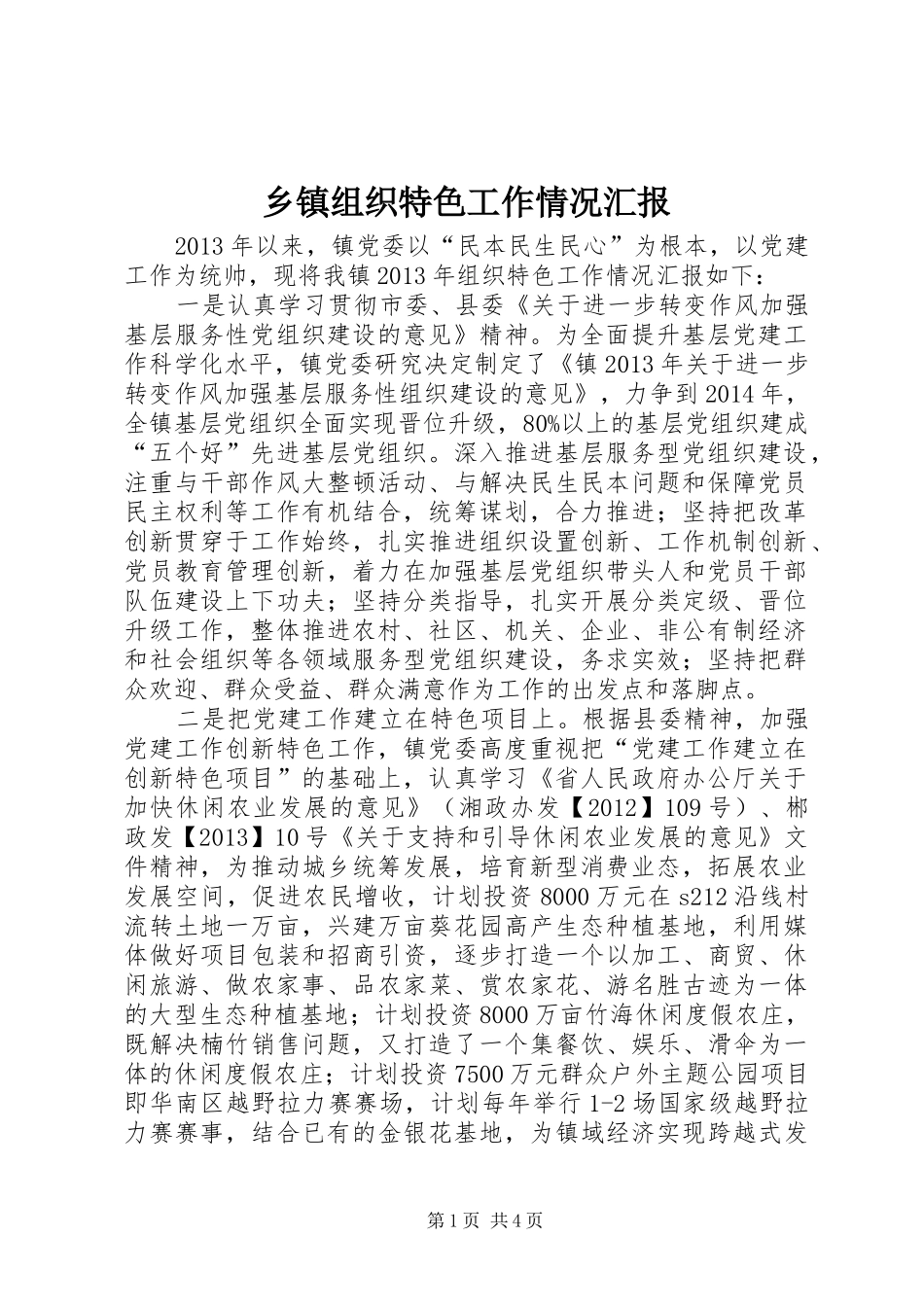 乡镇组织特色工作情况汇报_第1页