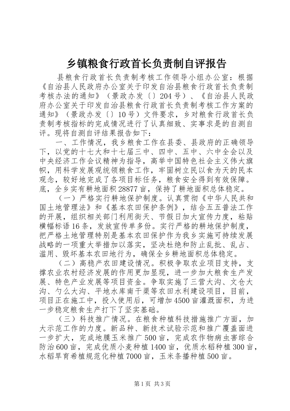 乡镇粮食行政首长负责制自评报告_第1页