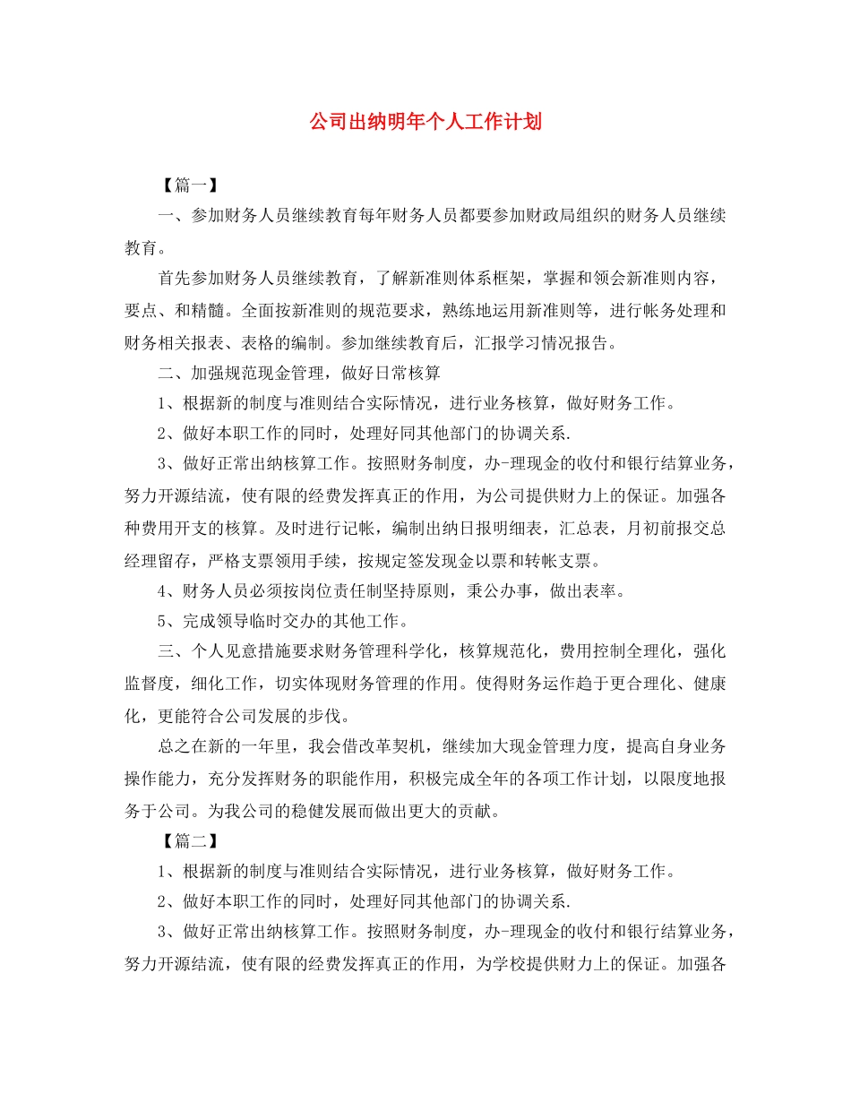 公司出纳明年个人工作计划 _第1页