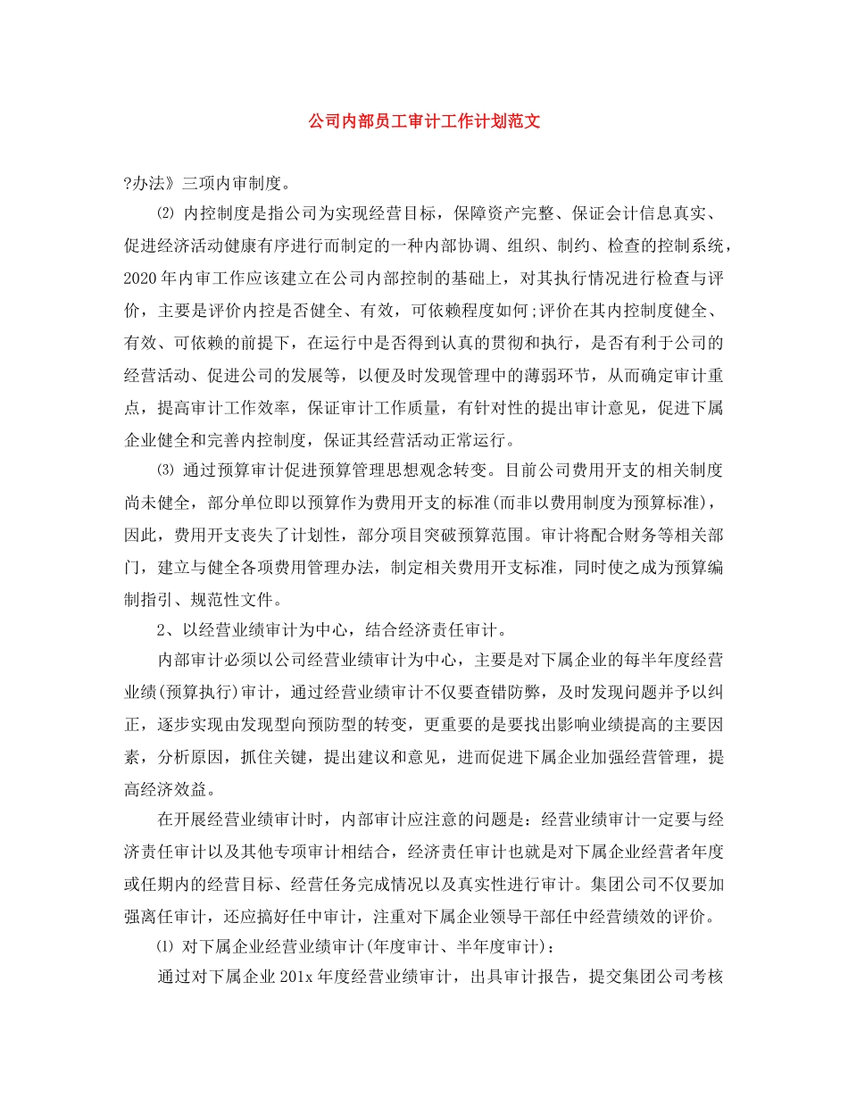 公司内部员工审计工作计划范文 _第1页