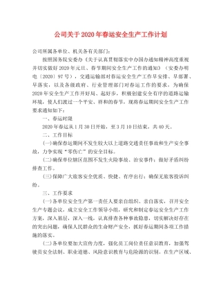 公司关于2020年春运安全生产工作计划 