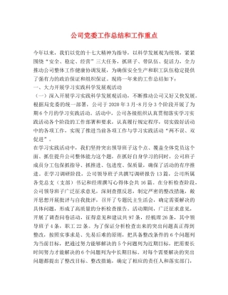 公司党委工作总结和工作重点 