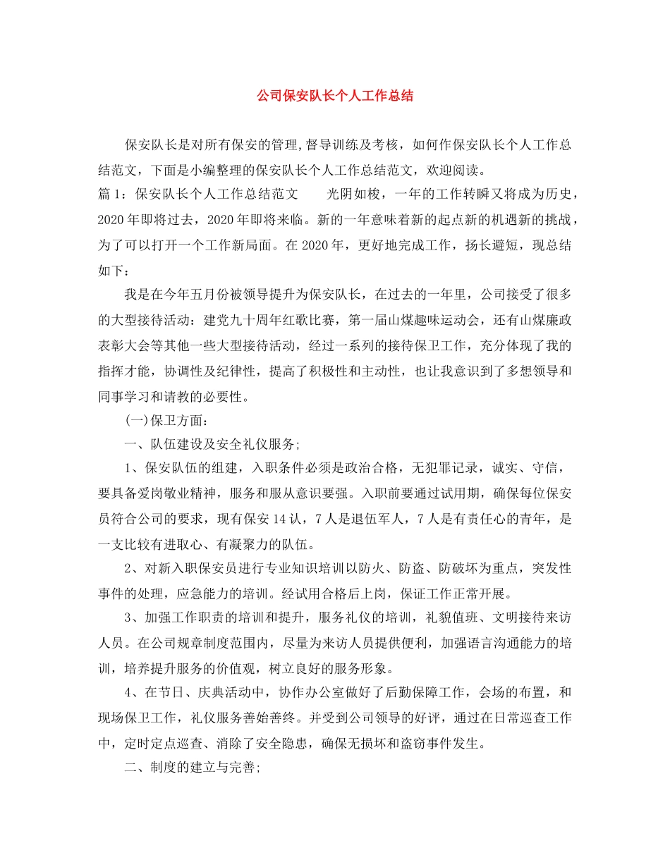 公司保安队长个人工作总结 _第1页