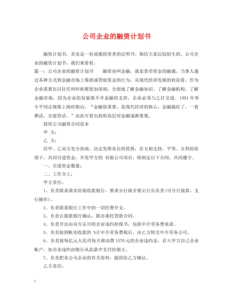 公司企业的融资计划书 _第1页