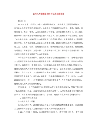 公司人力资源部2020年工作总结范文 