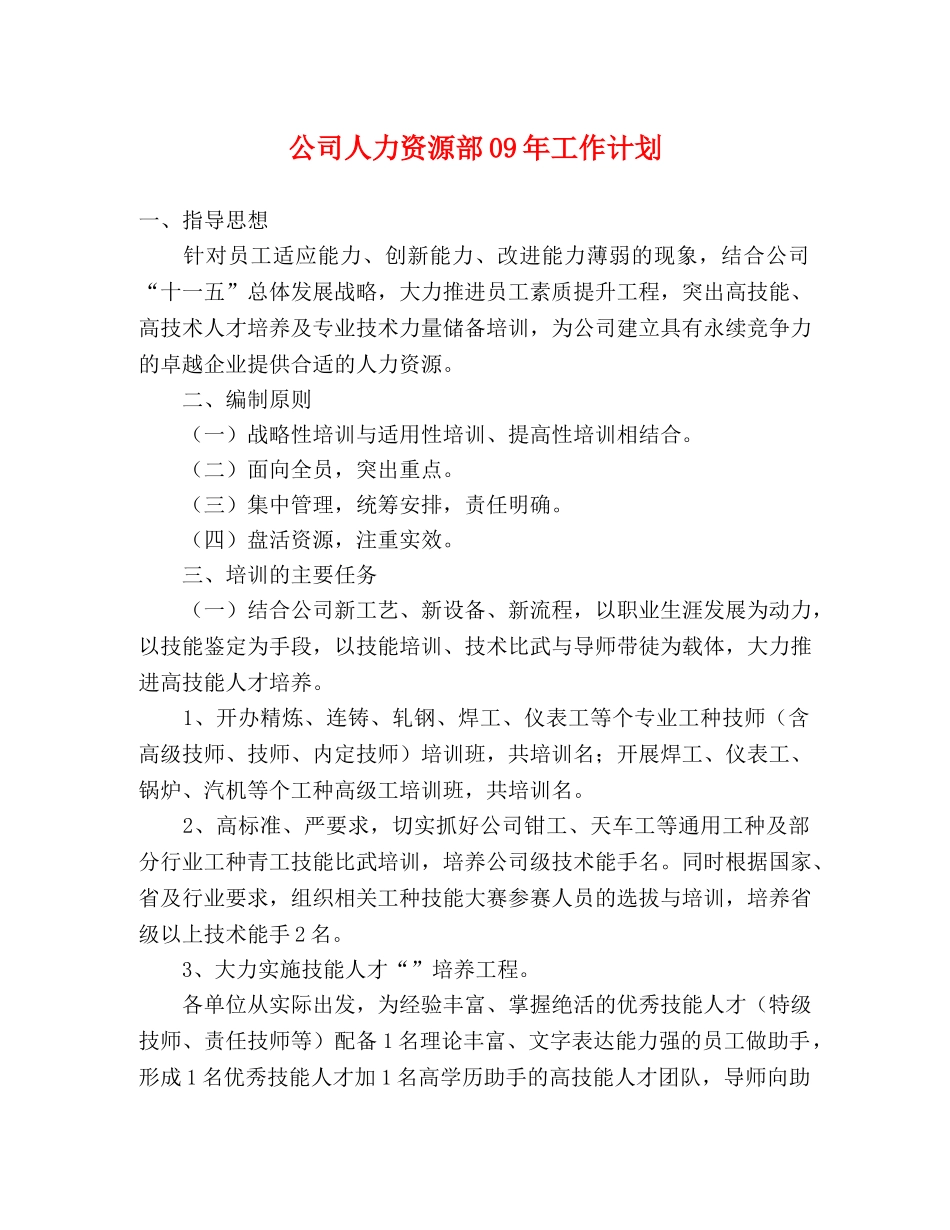 公司人力资源部09年工作计划 _第1页