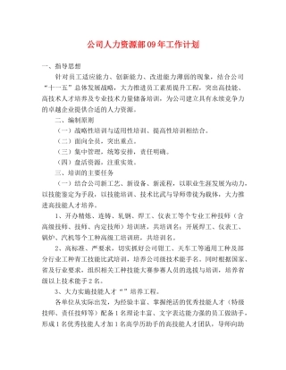 公司人力资源部09年工作计划 